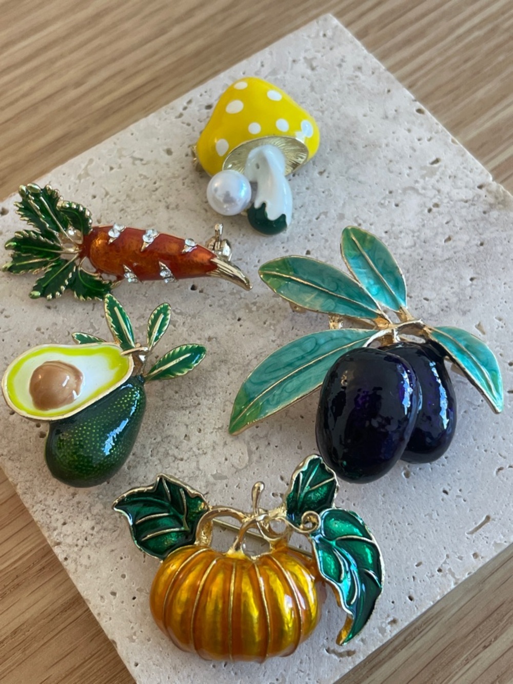 Whimsical Food Brooch Bundle Avocado Pumpkin Mushroom Cottagecore Farmer’s Marke